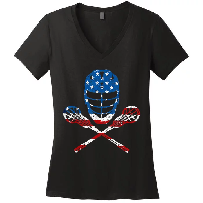 Lacrosse American Flag Lax Helmet Sticks 4th Of July Gifts Women's V-Neck T-Shirt