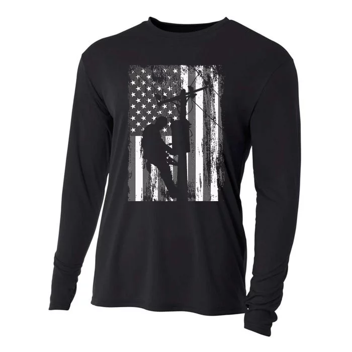 Lineman American Flag Vintage Patriotic Electrician Gift Cooling Performance Long Sleeve Crew