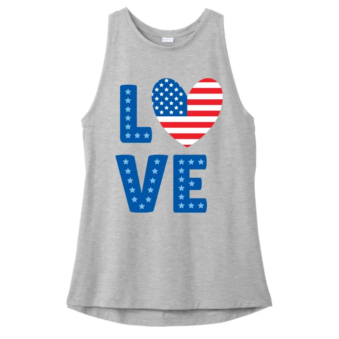 Love American Flag Heart 4th Of July Ladies Tri-Blend Wicking Tank