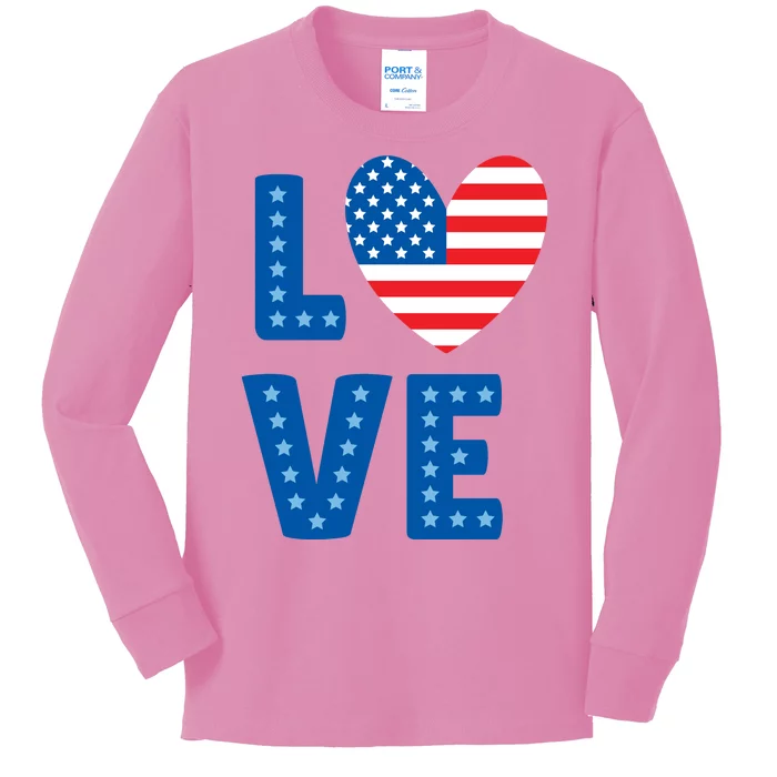 Love American Flag Heart 4th Of July Kids Long Sleeve Shirt