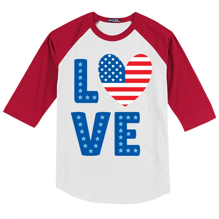 Love American Flag Heart 4th Of July Kids Colorblock Raglan Jersey