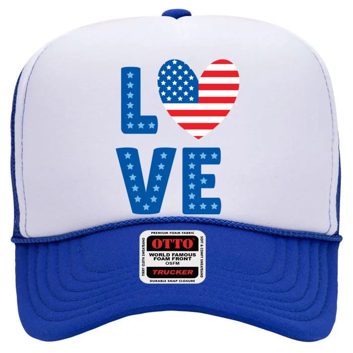 Love American Flag Heart 4th Of July High Crown Mesh Trucker Hat