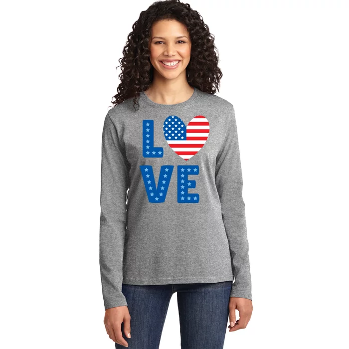 Love American Flag Heart 4th Of July Ladies Long Sleeve Shirt