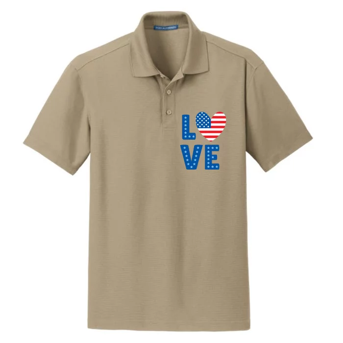 Love American Flag Heart 4th Of July Dry Zone Grid Performance Polo