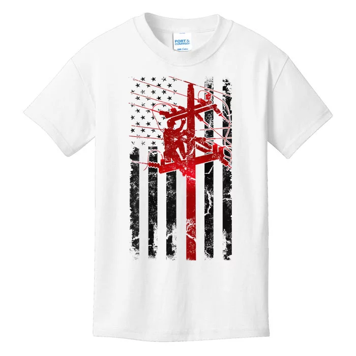 Lineman American Flag Electric Cable Lineworker Kids T-Shirt