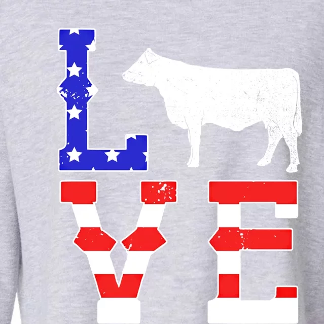 Love American Flag Patriotic Cow Farming Hereford Cattle Gift Cropped Pullover Crew