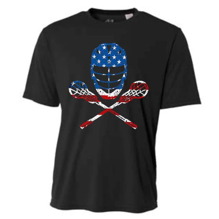 Lacrosse American Flag Lax Helmet Sticks Cooling Performance Crew T-Shirt