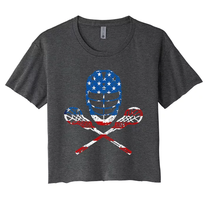 Lacrosse American Flag Lax Helmet Sticks Women's Crop Top Tee