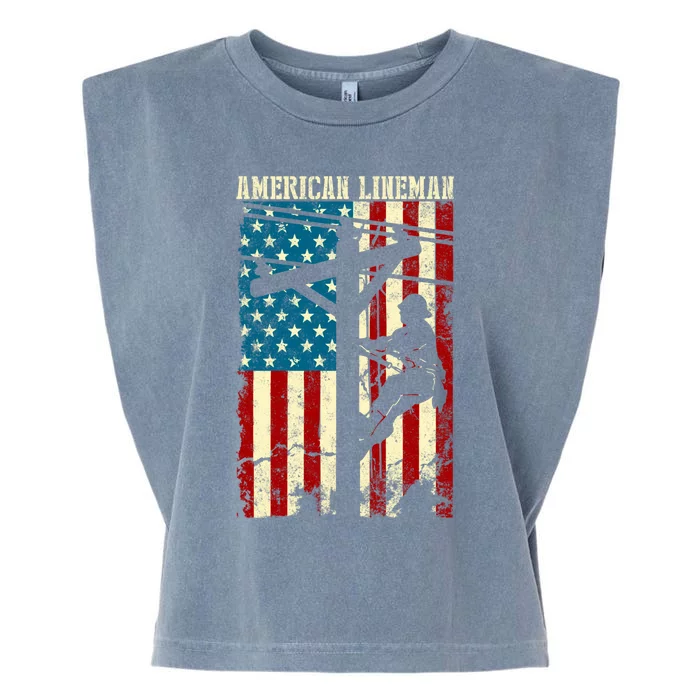 Lineman American flag Electric Cable gift Patriotic Lineman Garment-Dyed Women's Muscle Tee