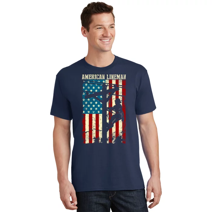 Lineman American flag Electric Cable gift Patriotic Lineman T-Shirt