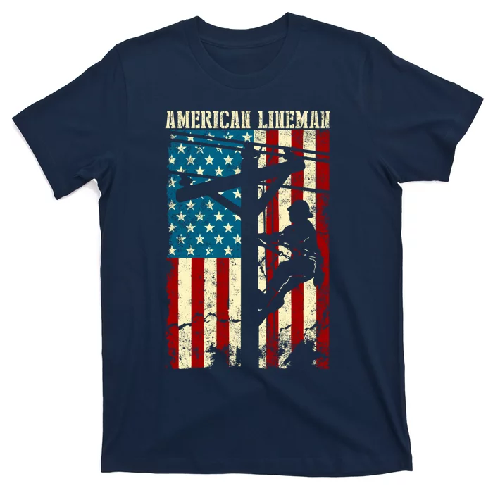 Lineman American flag Electric Cable gift Patriotic Lineman T-Shirt