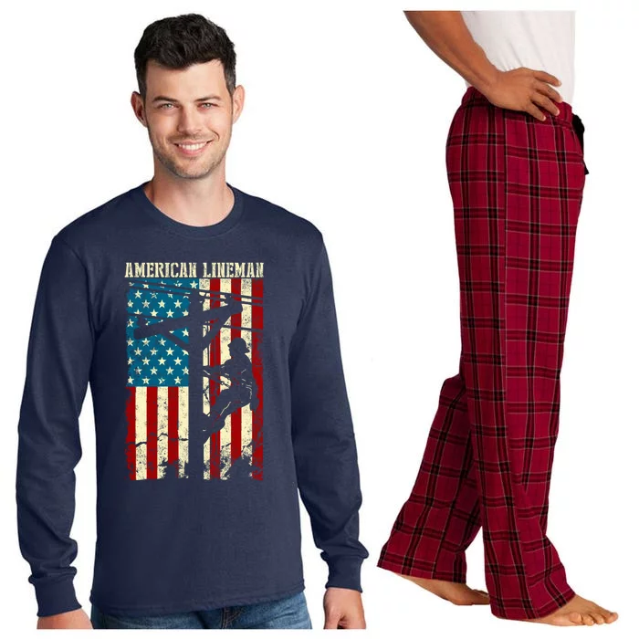 Lineman American flag Electric Cable gift Patriotic Lineman Long Sleeve Pajama Set