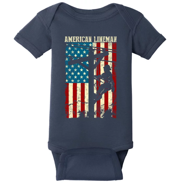 Lineman American flag Electric Cable gift Patriotic Lineman Baby Bodysuit