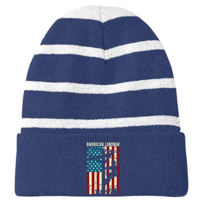 Lineman American flag Electric Cable gift Patriotic Lineman Striped Beanie with Solid Band