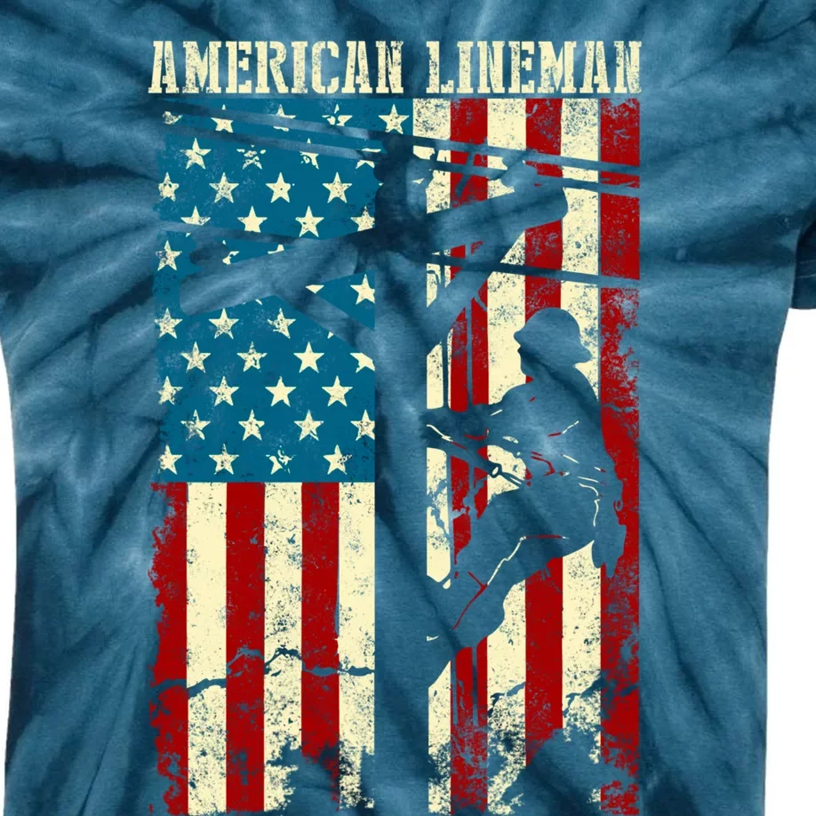 Lineman American flag Electric Cable gift Patriotic Lineman Kids Tie-Dye T-Shirt