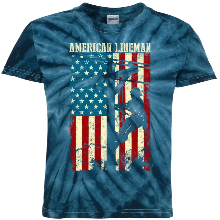 Lineman American flag Electric Cable gift Patriotic Lineman Kids Tie-Dye T-Shirt