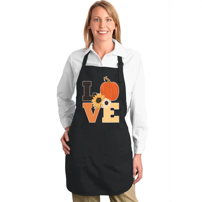 LOVE Autumn Floral Pumpkin Fall Season Full-Length Apron With Pocket