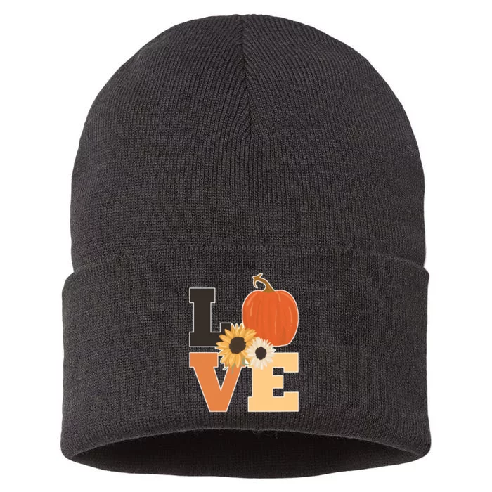 LOVE Autumn Floral Pumpkin Fall Season Sustainable Knit Beanie