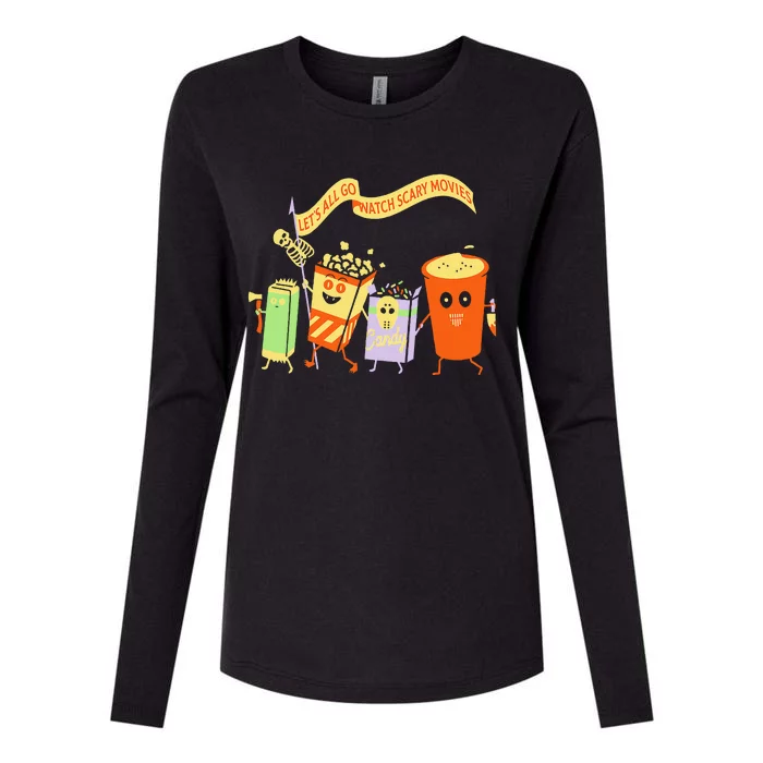 LetS All Go Watch Scary Movies Funny Popcoin Halloween Womens Cotton Relaxed Long Sleeve T-Shirt