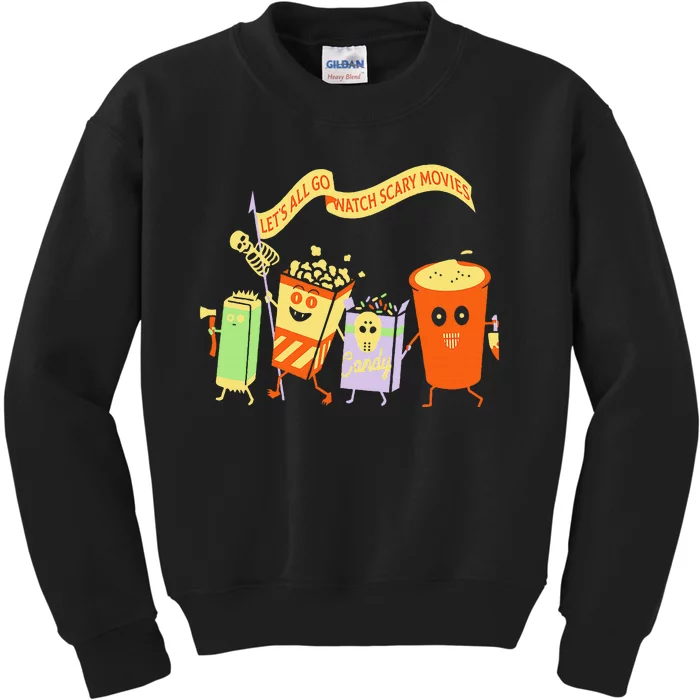 LetS All Go Watch Scary Movies Funny Popcoin Halloween Kids Sweatshirt