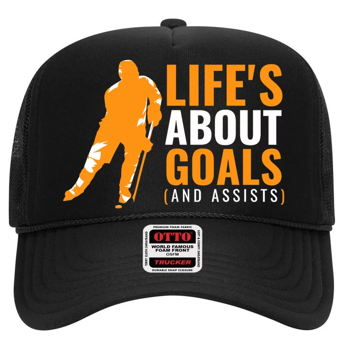 Life's About Goals Ice Hockey For Boys Ice Hockey High Crown Mesh Trucker Hat