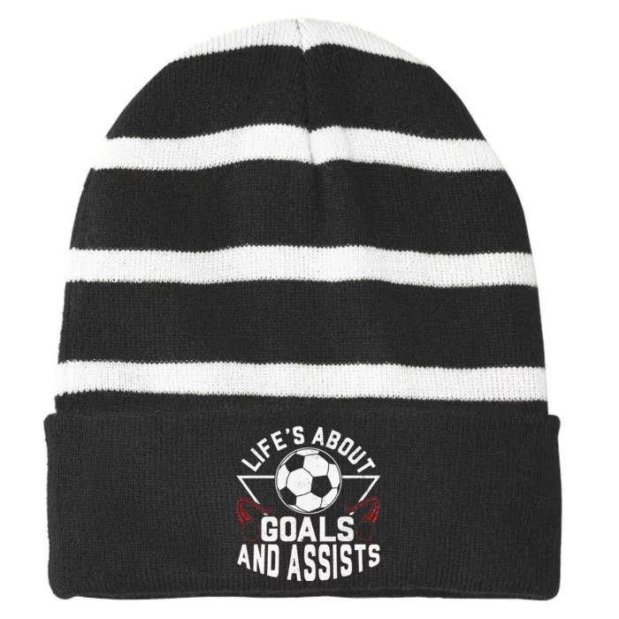 Life's About Goals Funny Soccer Player team Striped Beanie with Solid Band