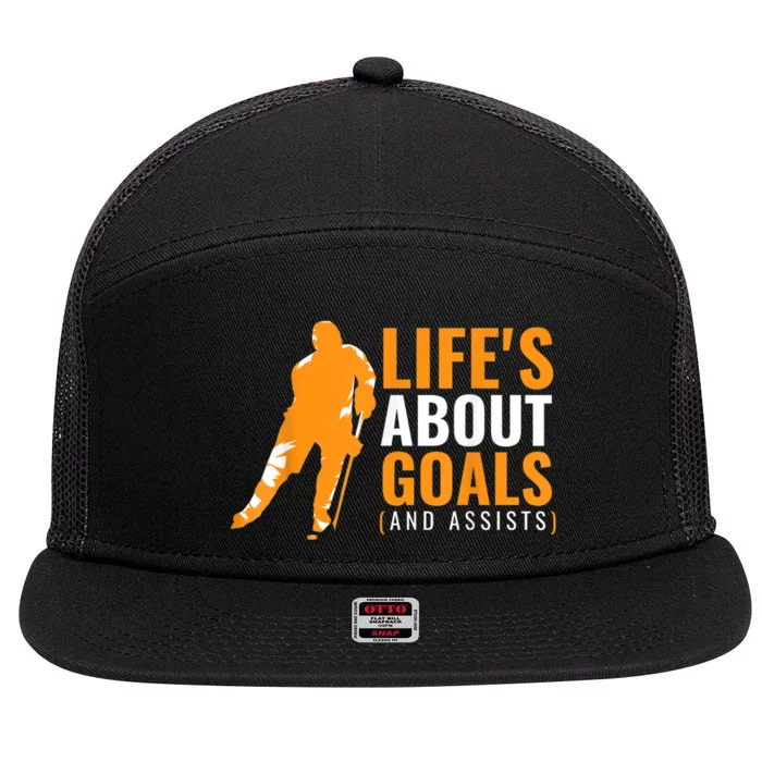 Lifes About Goals Ice Hockey For Boy Ice Hockey 7 Panel Mesh Trucker Snapback Hat