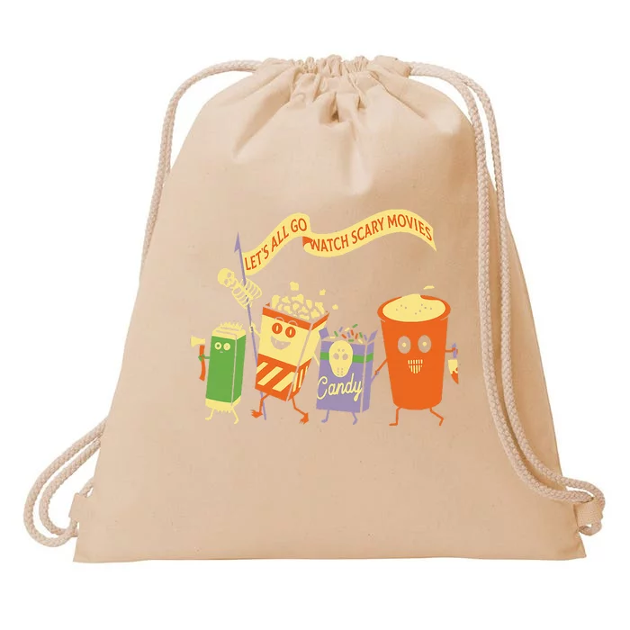 Lets All Go Watch Scary Movies Funny Halloween Movie Squad Drawstring Bag