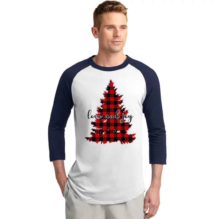 Love And Joy Checkered Christmas Tree Baseball Sleeve Shirt