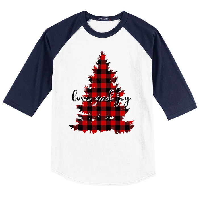 Love And Joy Checkered Christmas Tree Baseball Sleeve Shirt