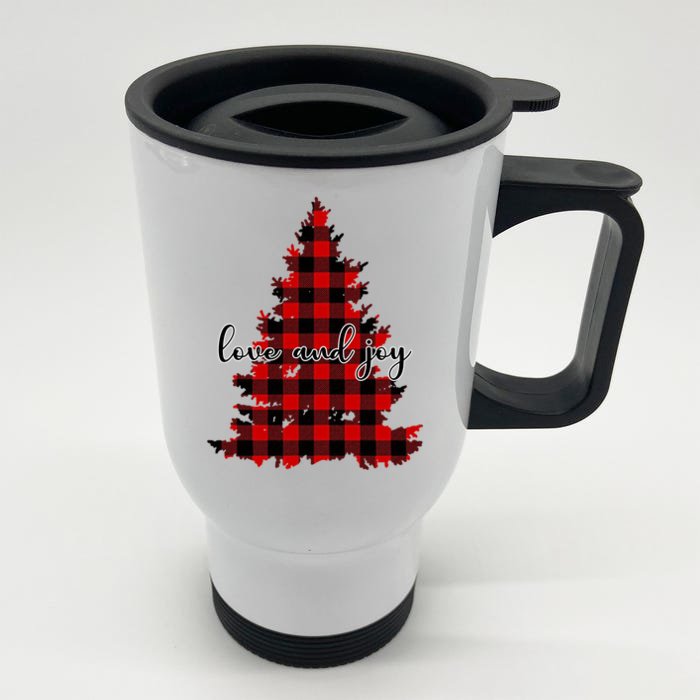 Love And Joy Checkered Christmas Tree Front & Back Stainless Steel Travel Mug