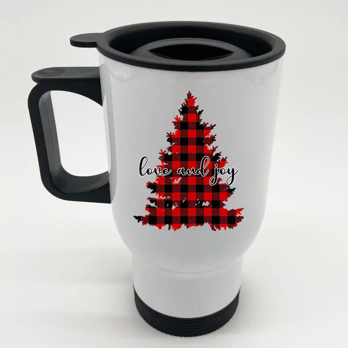 Love And Joy Checkered Christmas Tree Front & Back Stainless Steel Travel Mug