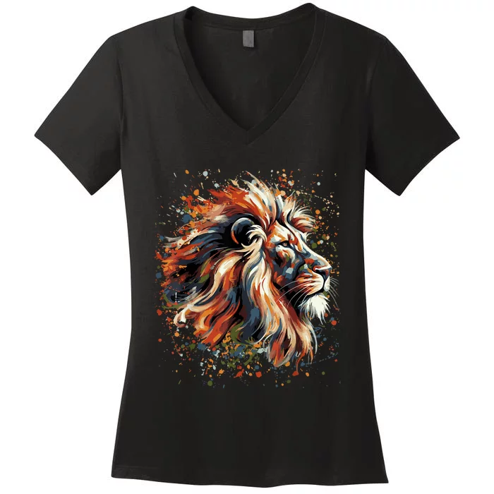 Lion Animal King Nature Graphic Women's V-Neck T-Shirt