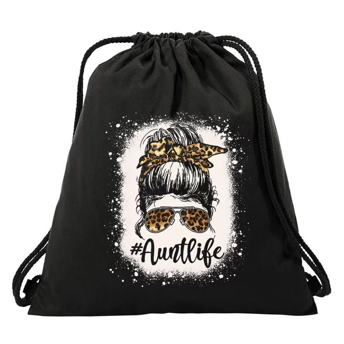 Leopard Aunt Life Messy Bun Bleached Auties Mothers Day Drawstring Bag