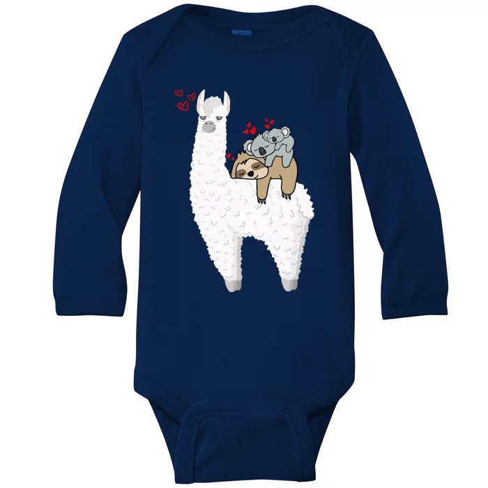 Llama And Lazy Sloth With Koala Mama Bear Valentines Gift Baby Long Sleeve Bodysuit