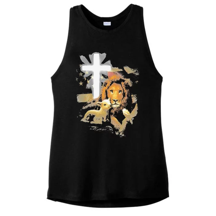 Lion And Lamb Cross Jesus Christ Ladies Tri-Blend Wicking Tank