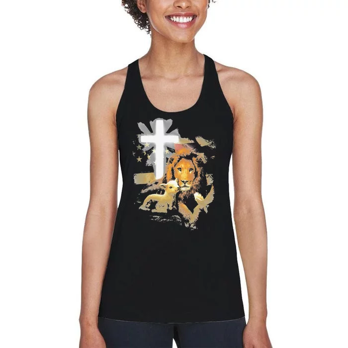 Lion And Lamb Cross Jesus Christ Women's Racerback Tank