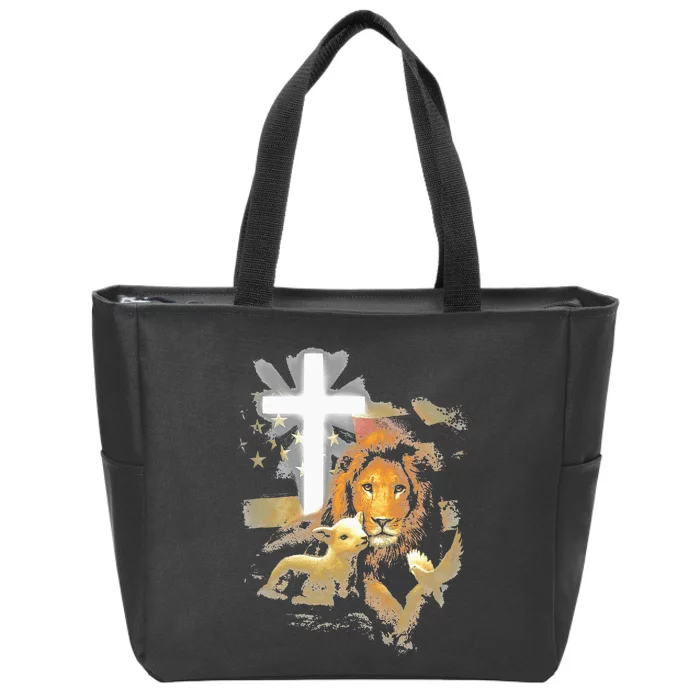 Lion And Lamb Cross Jesus Christ Zip Tote Bag