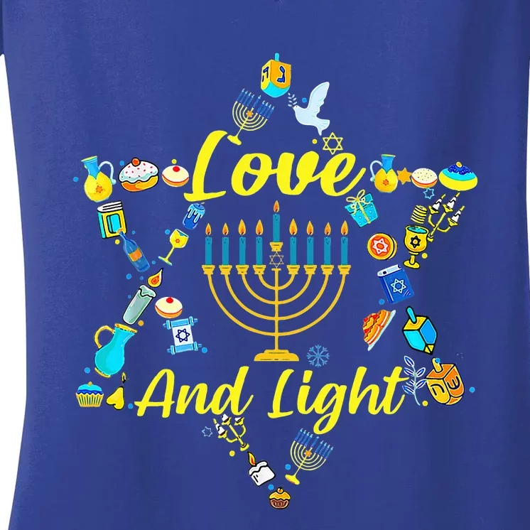 Love and Light Hanukkah Jew Menorah Jewish Chanukah Women's V-Neck T-Shirt