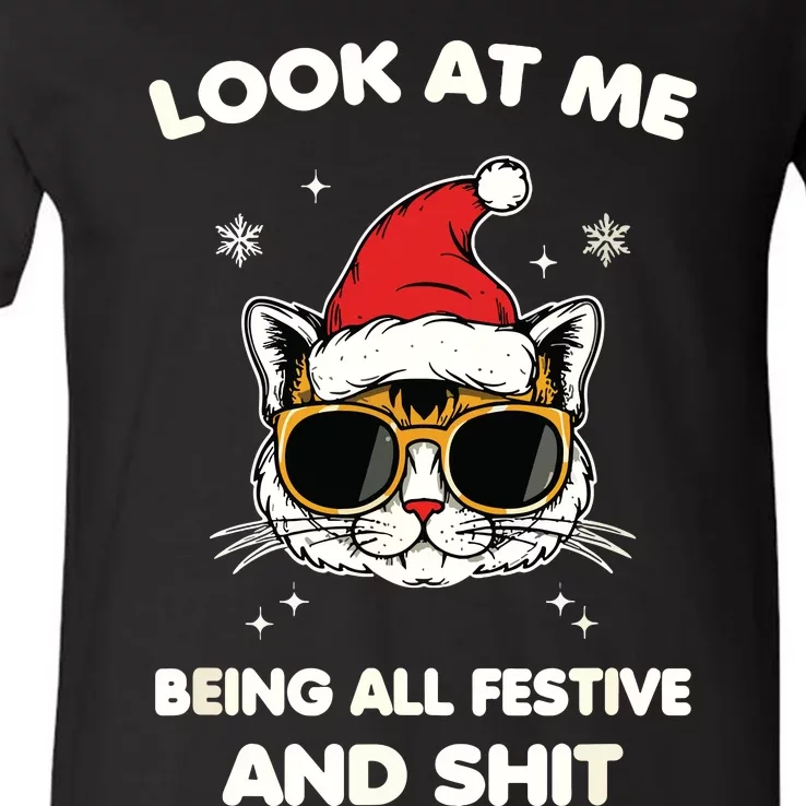 Look At Me Being All Festive And Shits Cat Xmas V-Neck T-Shirt