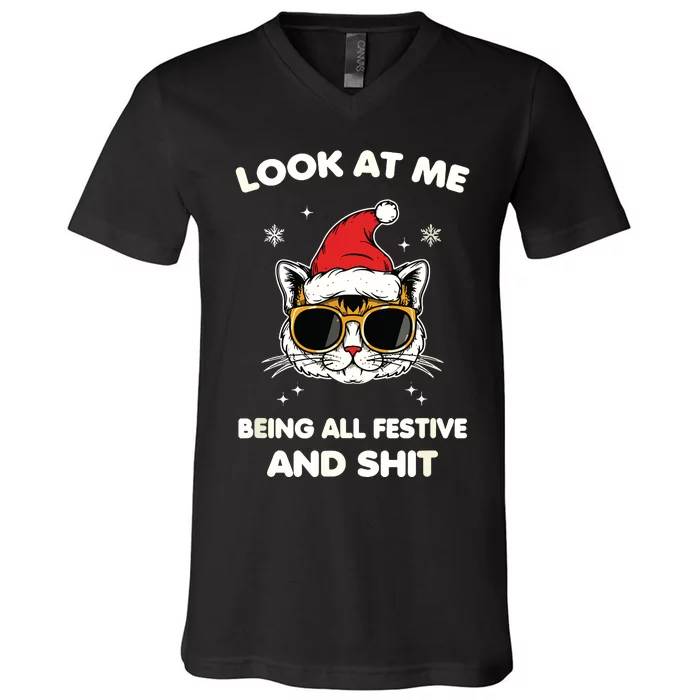 Look At Me Being All Festive And Shits Cat Xmas V-Neck T-Shirt