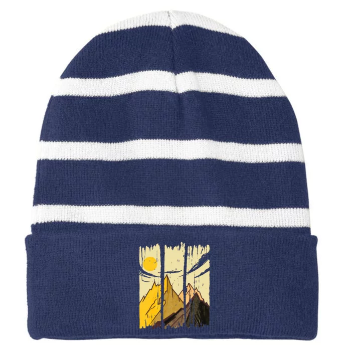 Landscape Sunset Mountain Striped Beanie with Solid Band