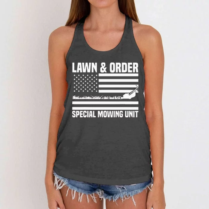 Lawn and order special mowing unit lawn mowing Women's Knotted Racerback Tank