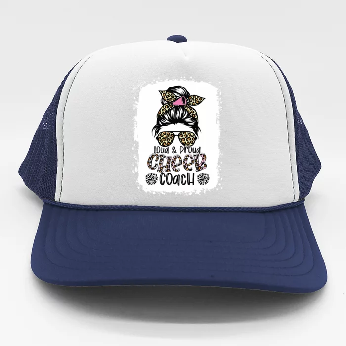 Loud And Proud Cheer Coach Leopard Messy Bun Bleached Trucker Hat