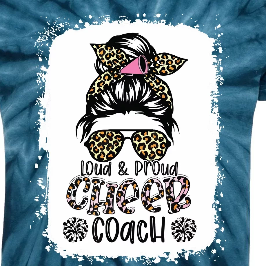 Loud And Proud Cheer Coach Leopard Messy Bun Bleached Kids Tie-Dye T-Shirt