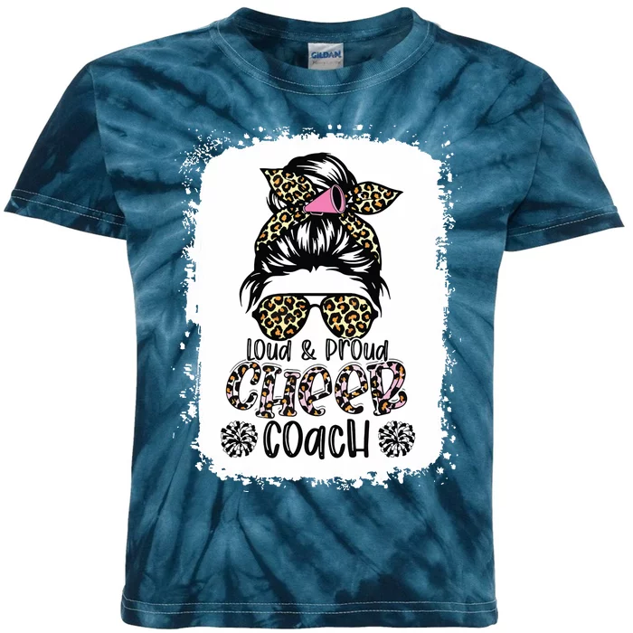 Loud And Proud Cheer Coach Leopard Messy Bun Bleached Kids Tie-Dye T-Shirt