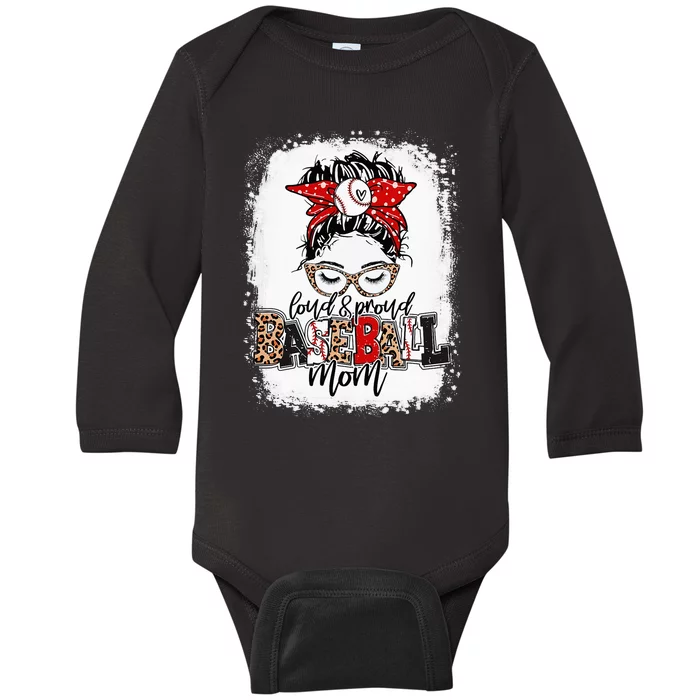 Loud And Proud BaseBall Mom Life Messy Bun Leopard Baby Long Sleeve Bodysuit