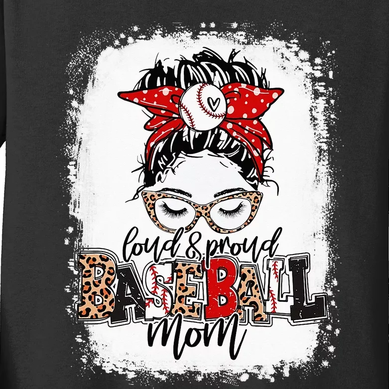 Loud And Proud BaseBall Mom Life Messy Bun Leopard Kids Long Sleeve Shirt