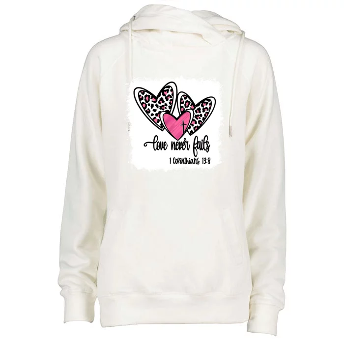 Leopard And Pink Heart Print Valentine Love Never Fails Funny Gift Womens Funnel Neck Pullover Hood