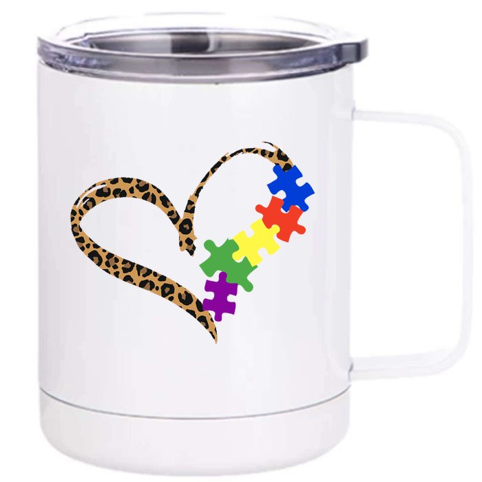 Love Autism Puzzle Leopard Graphic Autism Awareness Gift Front & Back 12oz Stainless Steel Tumbler Cup